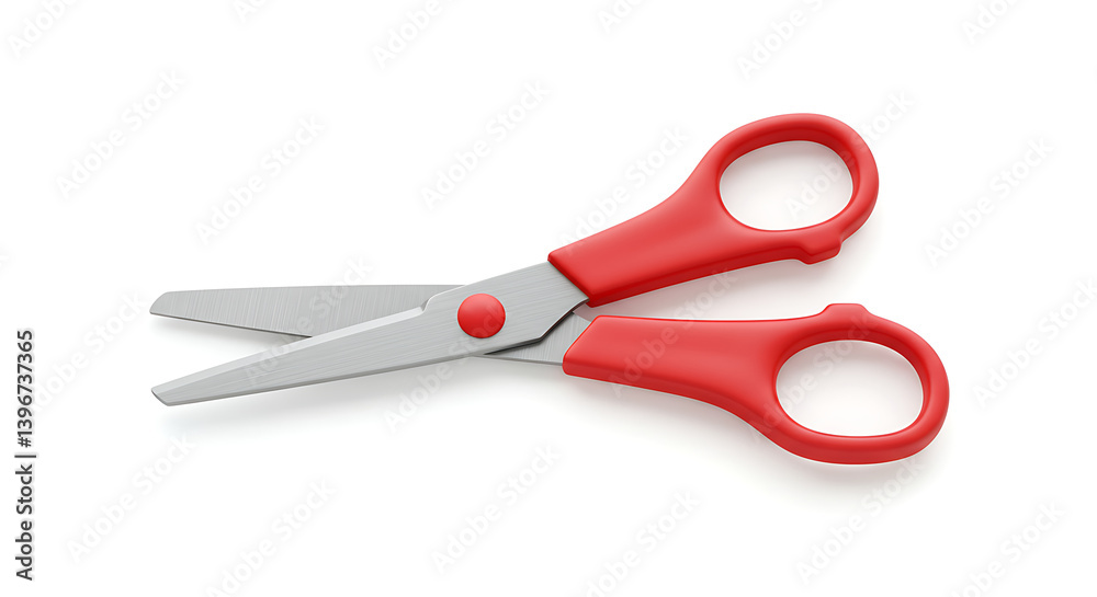 Precise sharpness: Red handled scissors with silver blades resting on white surface Precise sharpness: Red handled scissors with silver blades resting on white surface