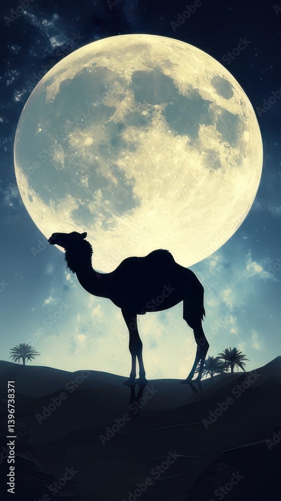 Illustration of Camel Silhouette Against Full Moon Illustration of Camel Silhouette Against Full Moon