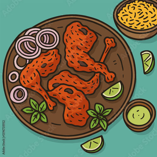 Serving of Chicken Drumsticks with Onion Slices and Lime Wedges
