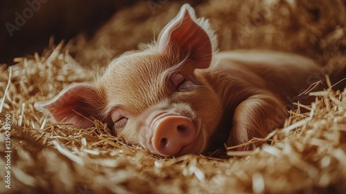 In a warm, sunlit nook, a tiny piglet curls up in a soft pile of straw, blissfully sleeping. Its delicate ears droop as it enjoys a tranquil moment of rest, surrounded by golden hues