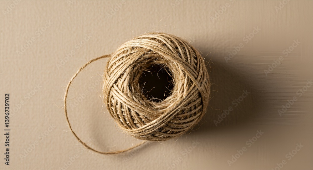 A ball of natural jute twine placed on beige fabric surface, top view, rustic packaging concept, soft neutral tones A ball of natural jute twine placed on beige fabric surface, top view, rustic packaging concept, soft neutral tones