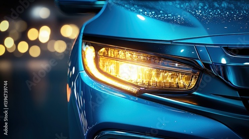 Blue car headlight, city lights blurred background, macro focus. Glossy paint