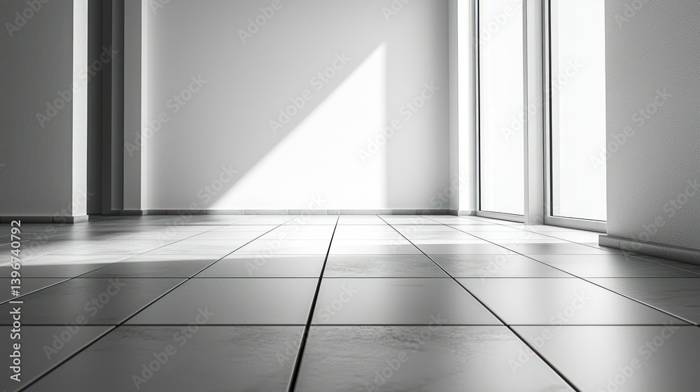 Bright room Sunlight floods a tiled floor through large windows, casting harsh shadows Bright room Sunlight floods a tiled floor through large windows, casting harsh shadows