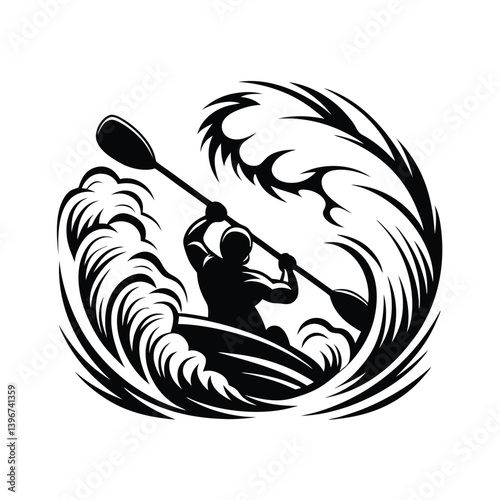 Monochrome Kayaker Silhouette Paddling through Bold Water Waves in Dynamic Action
