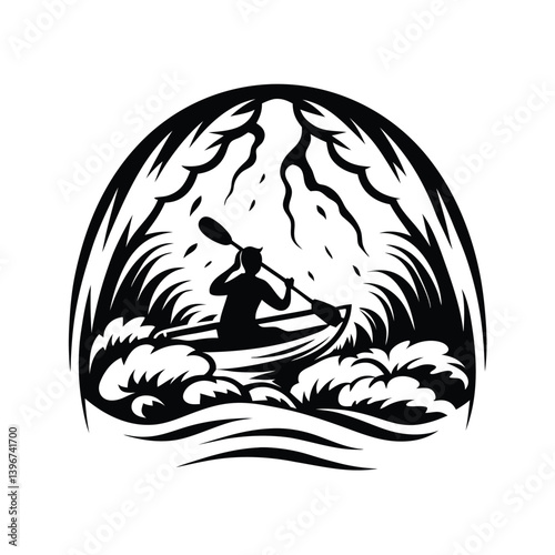Monochrome Paddler Silhouette Kayaker navigating the rapids, surrounded by stylized waves