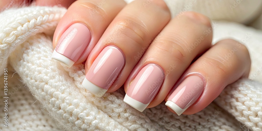 Macro Shot: French Manicure, Short Nails, Gel Polish, Closeup Hand, Nail Art, Beauty, Manicure Design, Elegant Nails Macro Shot: French Manicure, Short Nails, Gel Polish, Closeup Hand, Nail Art, Beauty, Manicure Design, Elegant Nails