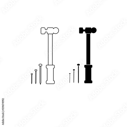 Hammer and nails in solid and outline styles. Perfect for construction, tools, hardware, or handyman-related icons.
