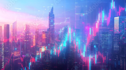 Wallpaper Mural Vibrant city skyline at dusk with digital financial graphs overlay, showcasing urban growth and technology Torontodigital.ca