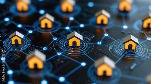 Connected miniature houses glow on a circuit board-like surface