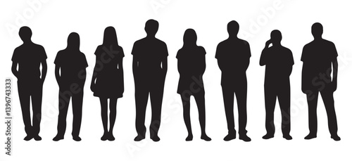 Black silhouettes of businessmen in a row and a standing man