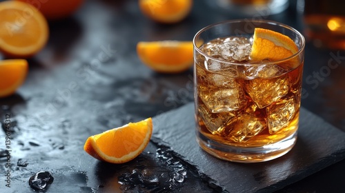 Amber Old Fashioned Cocktail with Orange Garnish on Dark Background