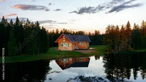 Serene lakeside cabin surrounded by trees, reflecting in calm water at sunset.