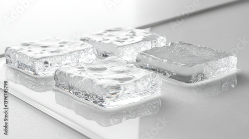 Four clear ice cubes on a reflective surface