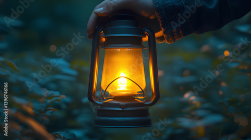 Lantern glows in a forest