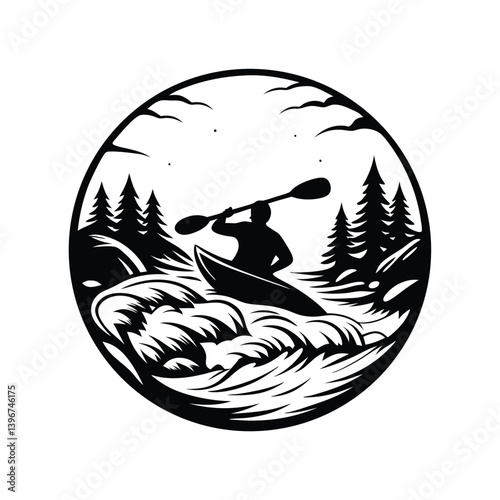 Silhouette of Kayaker Paddling Through River Rapids Surrounded by Trees in a Circle