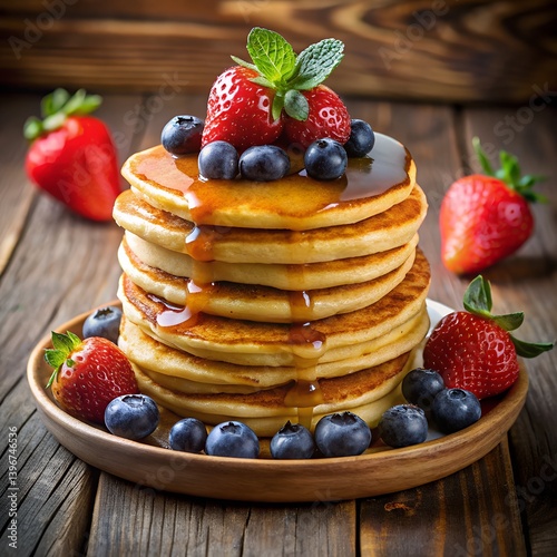 Delicious homemade breakfast stack of pancakes and waffles with fresh berries and sweet syrup on a white plate