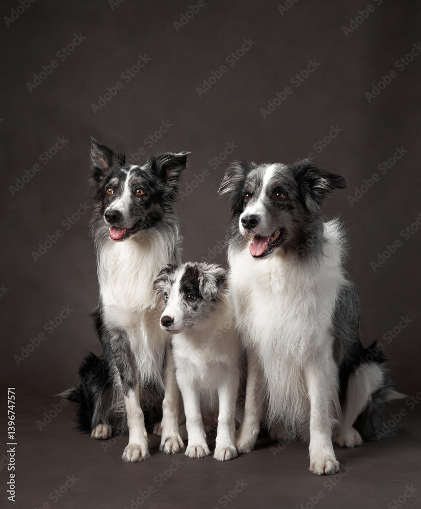 Three Border Collies sit side by side, their expressions conveying loyalty and unity. The dark background contrasts with their bright fur, adding depth to the composition. Three Border Collies sit side by side, their expressions conveying loyalty and unity. The dark background contrasts with their bright fur, adding depth to the composition.