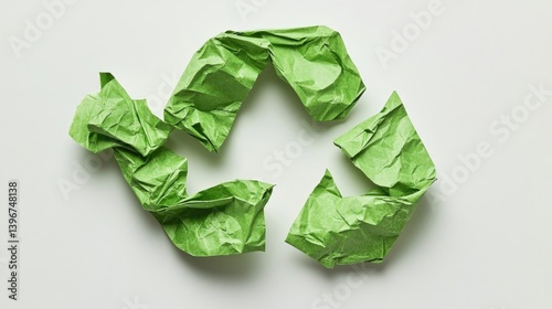 Recycling symbol from crumpled green paper on a white background