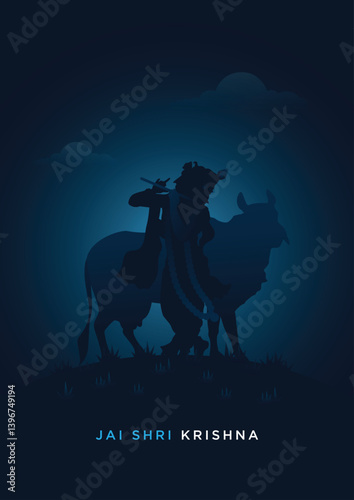 Jai Shree Krishna Minimal Poster, Krishna Playing Flute, Happy Janmashtami - Vector