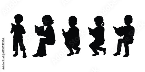Silhouette of Children Reading Books, Kids Reading Book Silhouette Vector.