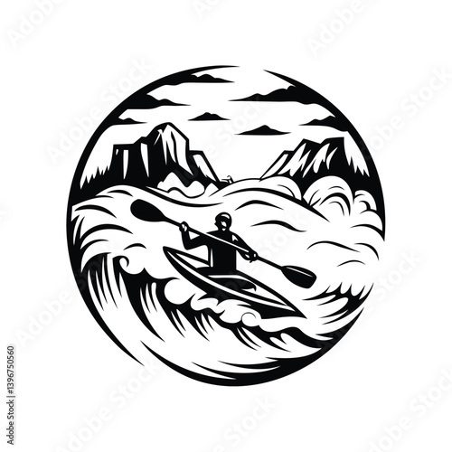 Whitewater Kayaking Silhouette, Mountain River Rapids, Active Paddler in Kayak, Circle