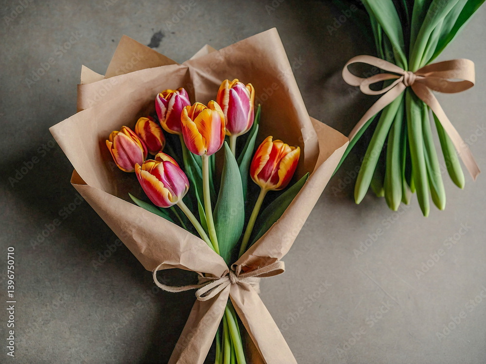 Bouquets of tulips wrapped in kraft paper and tied with ribbon.