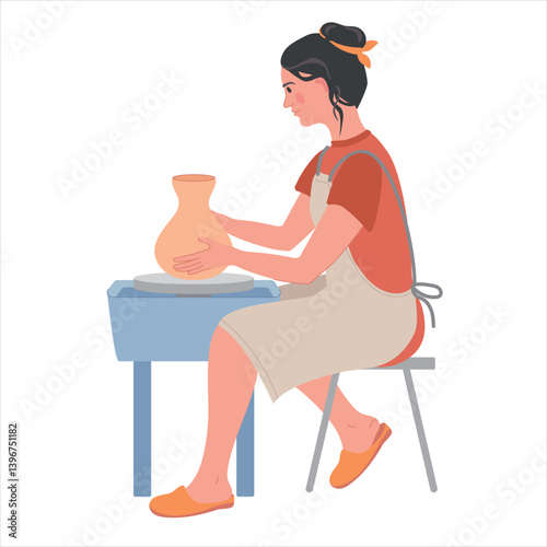 Vector illustration of a woman who molds a clay vase on a potter's wheel. Ceramics is a good art therapy for adults. for finding harmony.