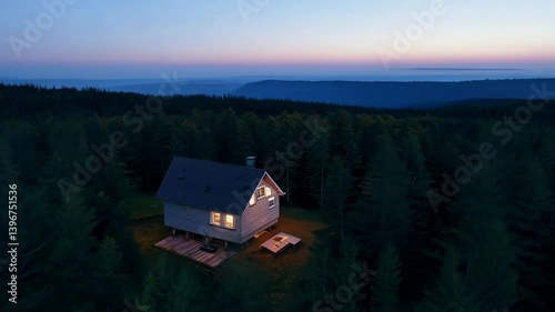 A cozy cabin illuminated at dusk, surrounded by dense forest and distant mountains.