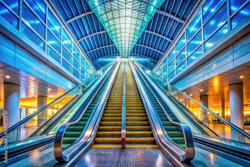 Panoramic Airport Escalator: Modern Architecture, Interior Design, Travel Photography