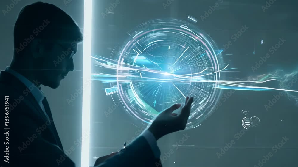 Futuristic interface interaction: businessman manipulates holographic display with hand gestures