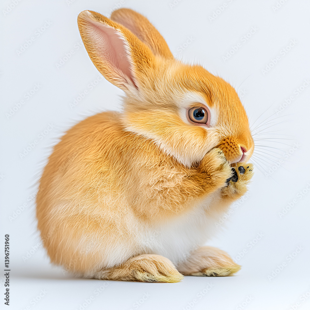Fototapeta premium Fluffy white bunny isolated on a wooden background, beach, and sky