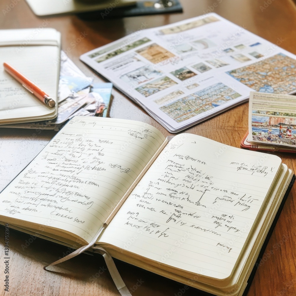 Naklejka premium Organized Workspace with Notebooks, Stationery, and Detailed Notes