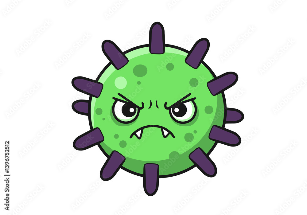 Angry Virus Cute Illustration. This image shows a green virus with an angry expression and purple spikes. Vector art design. Angry Virus Cute Illustration. This image shows a green virus with an angry expression and purple spikes. Vector art design.