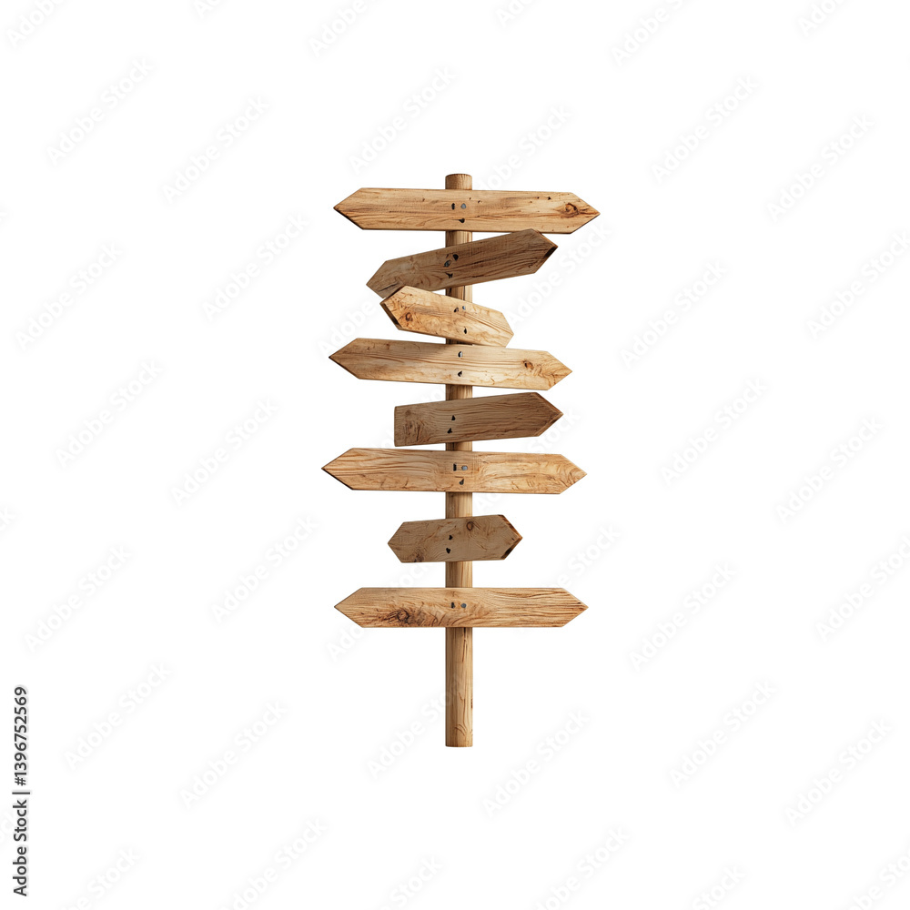 A wooden signpost with multiple directional arrows pointing in various directions. A wooden signpost with multiple directional arrows pointing in various directions.