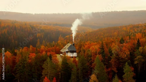 A cozy cabin surrounded by vibrant autumn foliage and misty mountains.