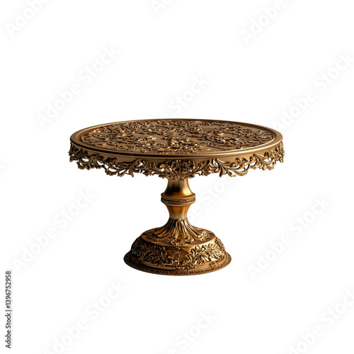 An ornate, decorative cake stand featuring intricate floral patterns and a sturdy base, perfect for showcasing desserts or pastries.