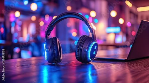 Headphones glow on wood surface. Laptop open, blurred lights background