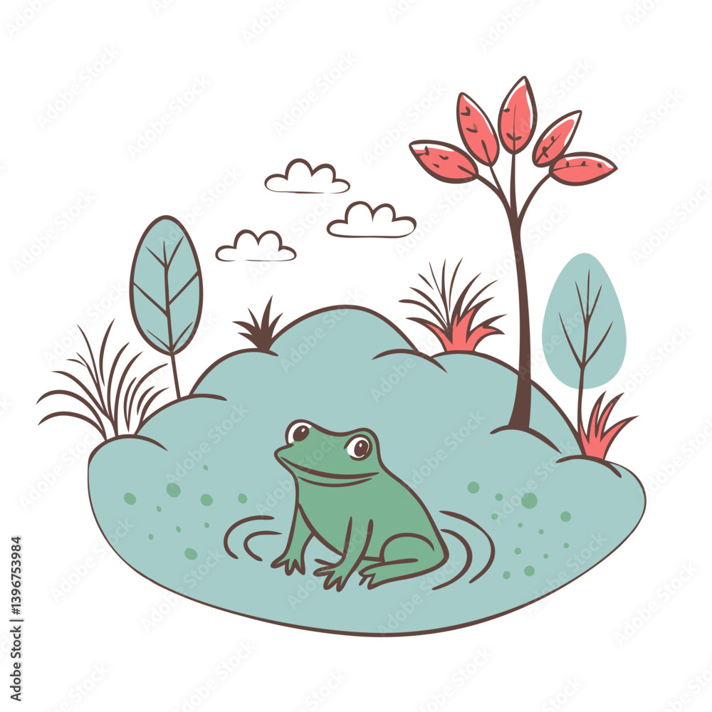 Cartoon frog sitting in pond with trees and clouds