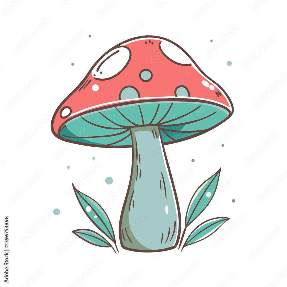 Cartoon mushroom with red cap and green leaves