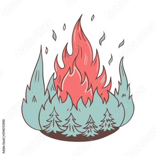 Cartoon forest fire with red flames and green trees