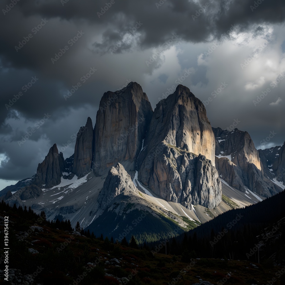 Obraz premium Majestic Mountain Peaks Under Dramatic Storm Clouds Landscape