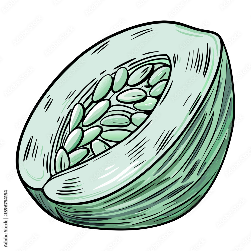 Green melon half illustration in hand-drawn style
