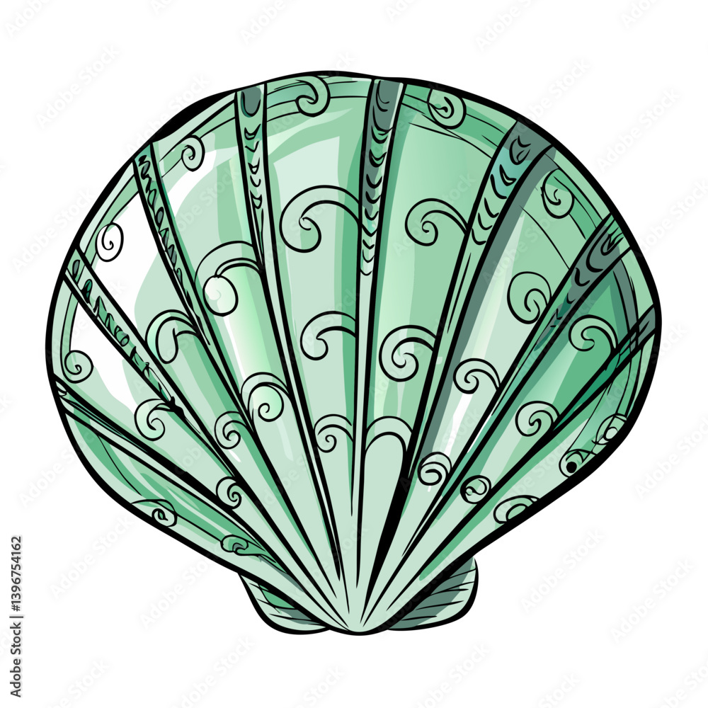 Decorative green seashell illustration with patterns