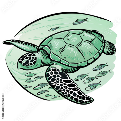 Sea turtle swimming with fish in underwater scene