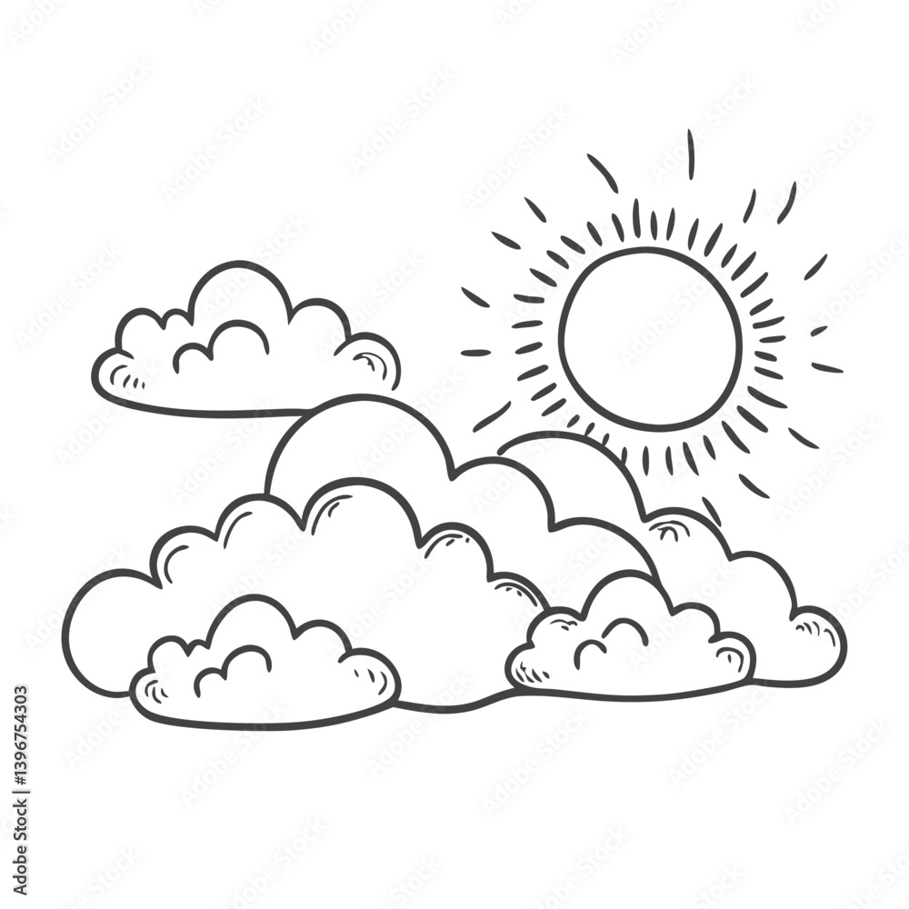 Sun and clouds outline illustration in black and white