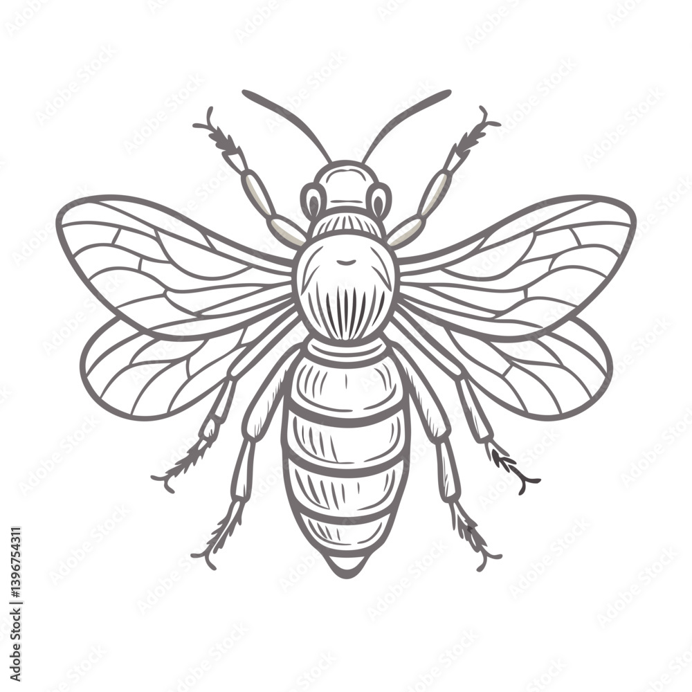 Bee outline illustration with wings in sketch style