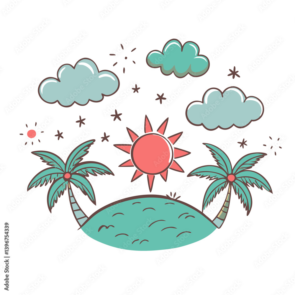 Tropical island with sun, clouds, and palm trees illustration