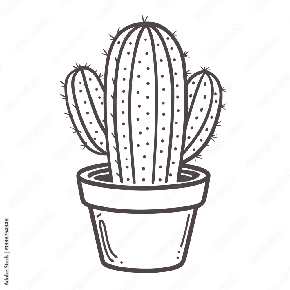 Cactus in pot outline illustration in black and white