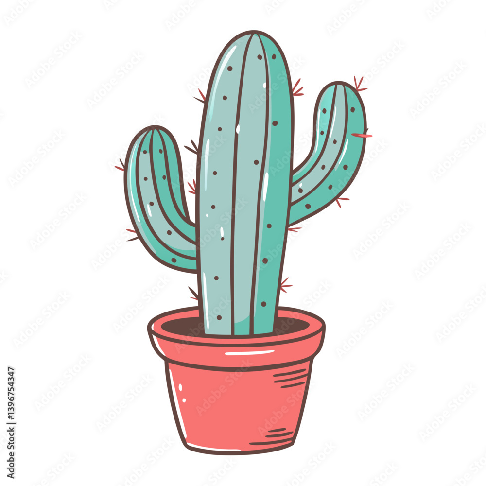 Cartoon cactus in terracotta pot in pastel colors