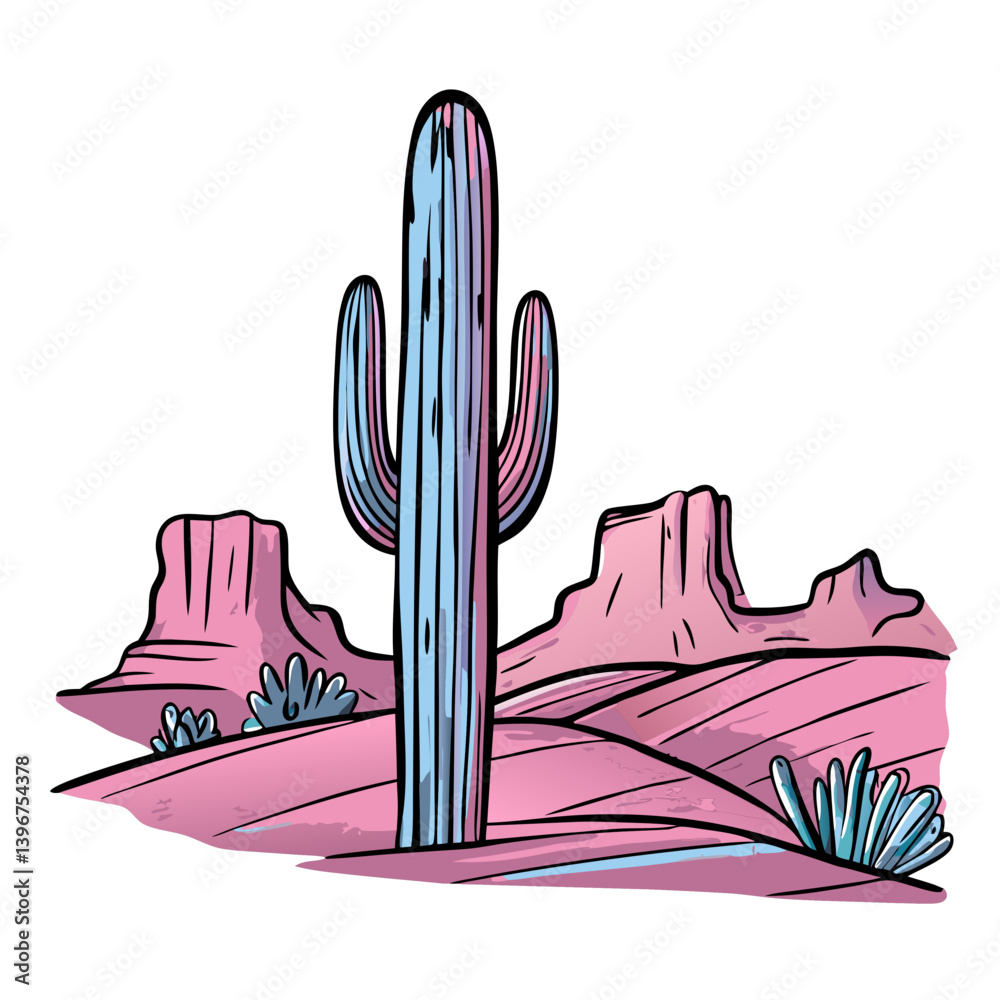 Cactus in desert landscape illustration in pastel tones